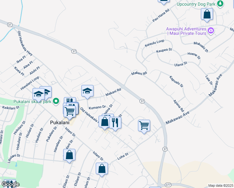 map of restaurants, bars, coffee shops, grocery stores, and more near 108 Tam Yau Place in Makawao