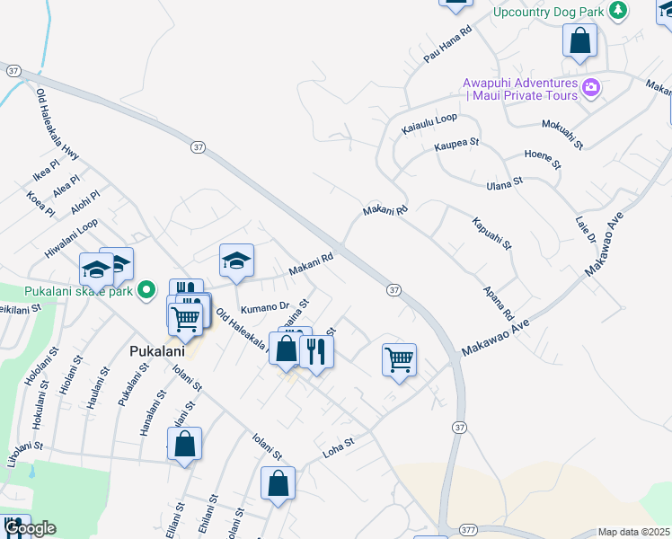 map of restaurants, bars, coffee shops, grocery stores, and more near 123 Tam Yau Place in Makawao