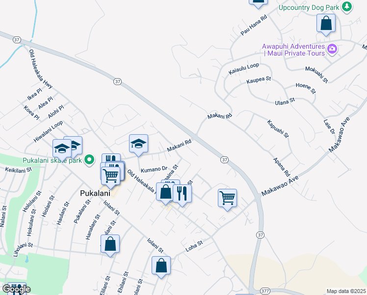 map of restaurants, bars, coffee shops, grocery stores, and more near 100 Tam Yau Place in Makawao