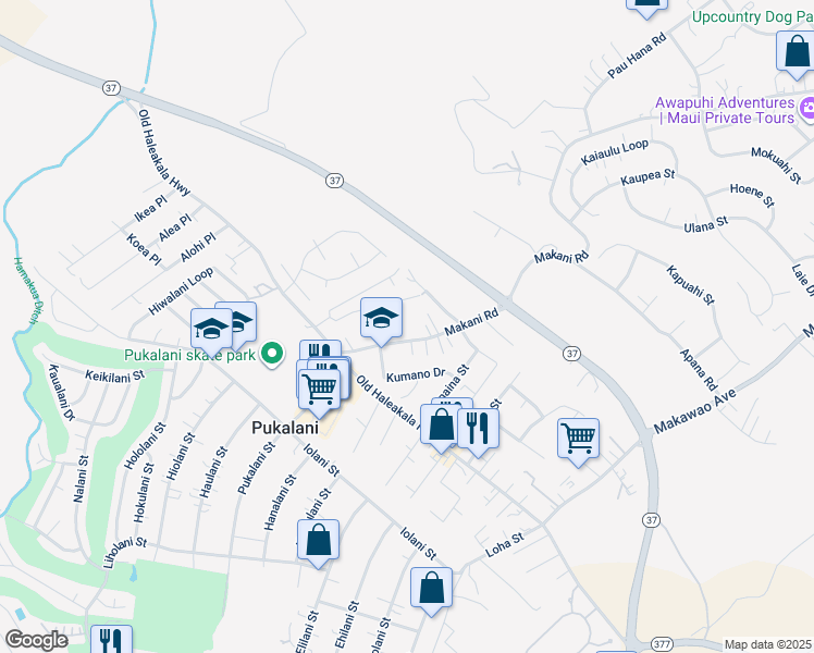 map of restaurants, bars, coffee shops, grocery stores, and more near 924 Makani Road in Makawao