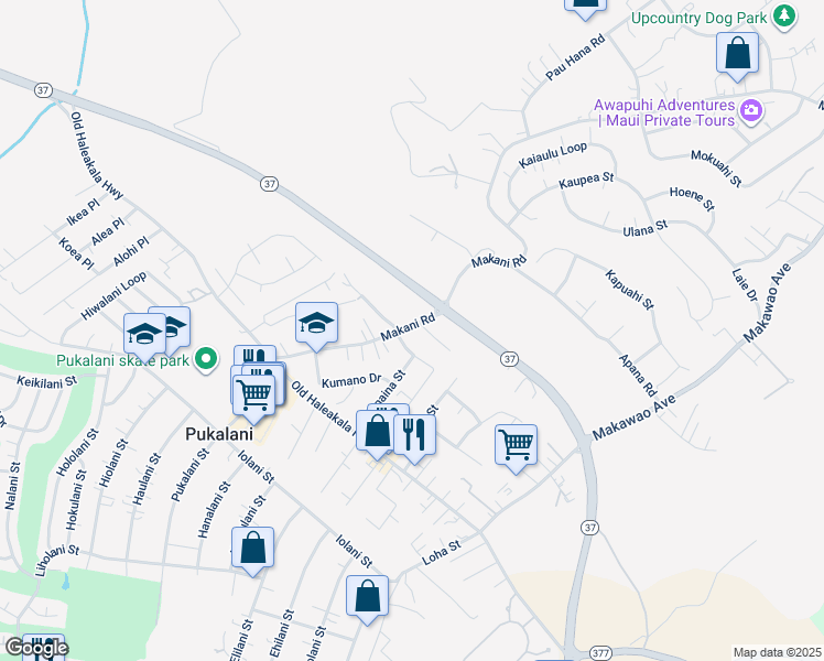 map of restaurants, bars, coffee shops, grocery stores, and more near 104 Tam Yau Place in Makawao