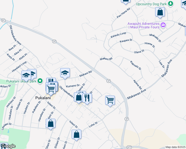 map of restaurants, bars, coffee shops, grocery stores, and more near 127 Tam Yau Place in Makawao