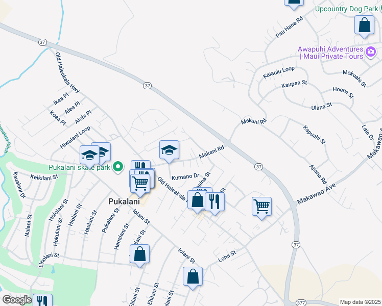 map of restaurants, bars, coffee shops, grocery stores, and more near 890 Makani Road in Makawao