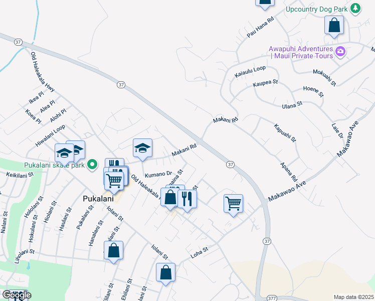 map of restaurants, bars, coffee shops, grocery stores, and more near 100 Tam Yau Place in Makawao