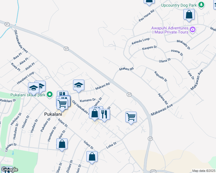 map of restaurants, bars, coffee shops, grocery stores, and more near 107 Tam Yau Place in Makawao