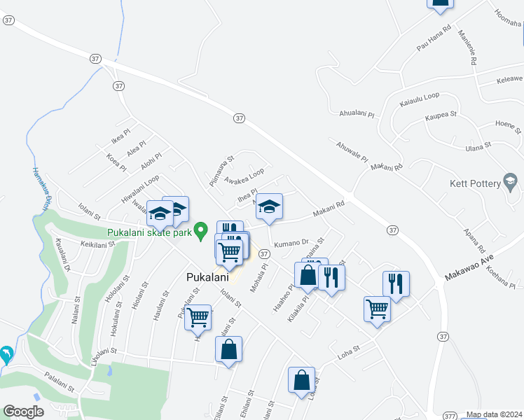map of restaurants, bars, coffee shops, grocery stores, and more near 960 Makani Road in Makawao