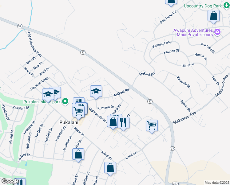 map of restaurants, bars, coffee shops, grocery stores, and more near 19 Munoz Street in Makawao