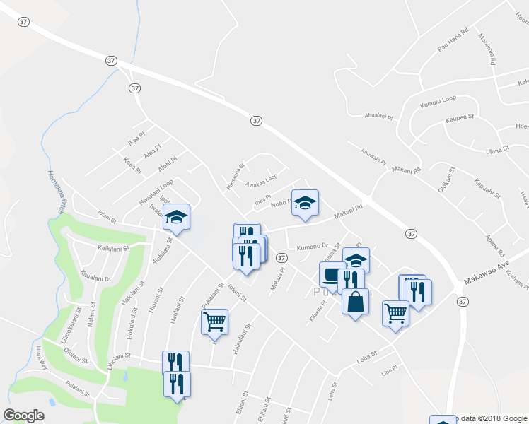 map of restaurants, bars, coffee shops, grocery stores, and more near 40 Noho Place in Makawao