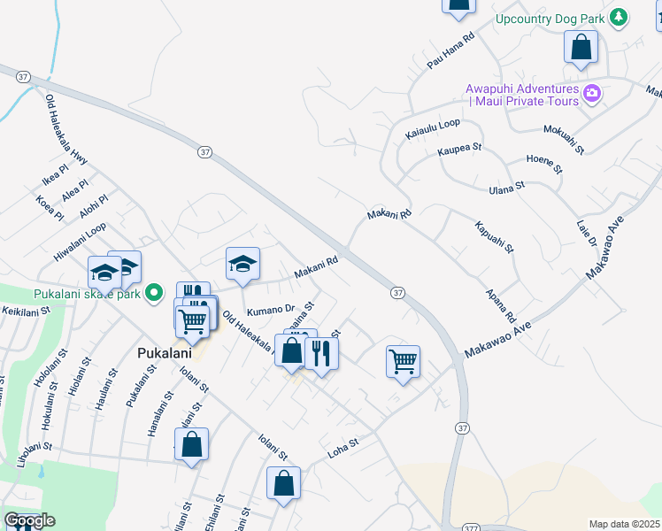 map of restaurants, bars, coffee shops, grocery stores, and more near 107 Tam Yau Place in Makawao