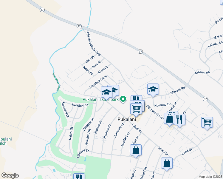 map of restaurants, bars, coffee shops, grocery stores, and more near 250 Hiwalani Loop in Makawao