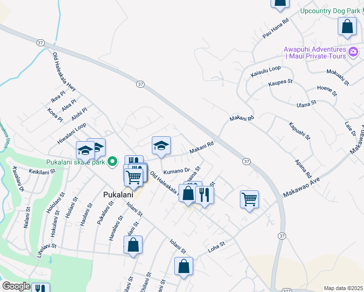 map of restaurants, bars, coffee shops, grocery stores, and more near 890 Makani Road in Makawao