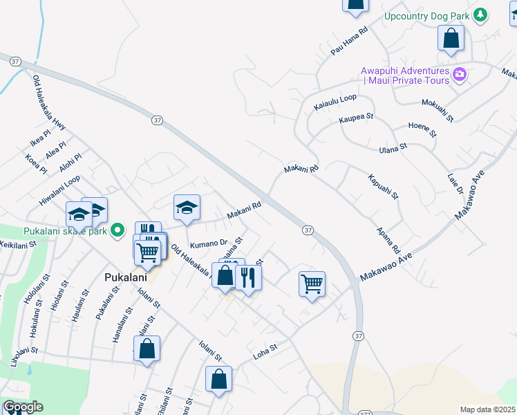 map of restaurants, bars, coffee shops, grocery stores, and more near 111 Tam Yau Place in Makawao
