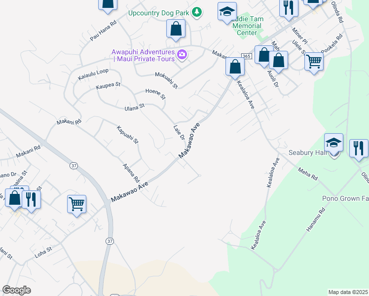 map of restaurants, bars, coffee shops, grocery stores, and more near 500 Laie Drive in Makawao