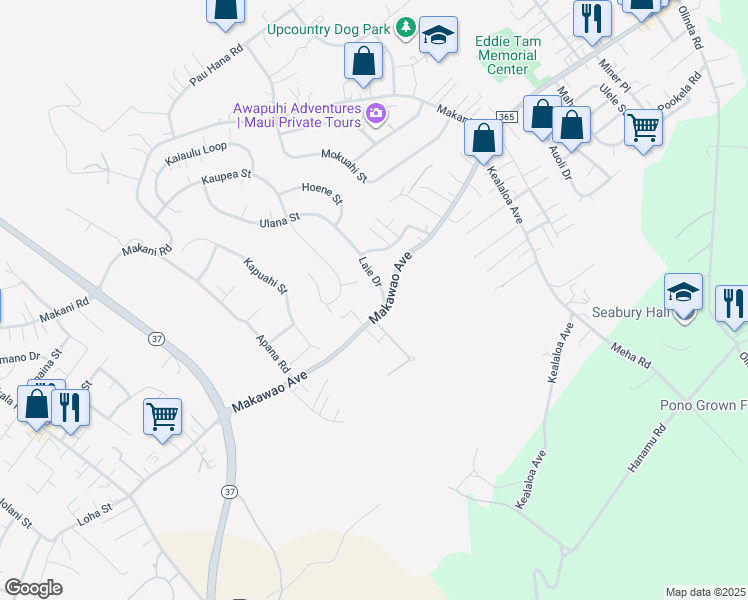 map of restaurants, bars, coffee shops, grocery stores, and more near 500 Laie Drive in Makawao