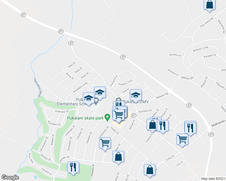 map of restaurants, bars, coffee shops, grocery stores, and more near 24 South Hiena Place in Makawao
