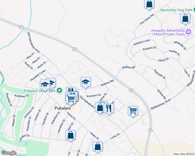 map of restaurants, bars, coffee shops, grocery stores, and more near 51 Munoz Street in Makawao