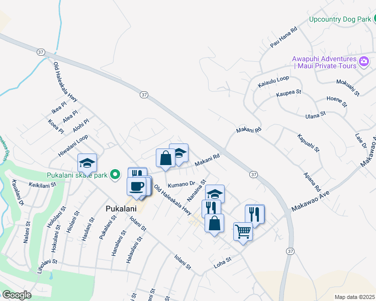map of restaurants, bars, coffee shops, grocery stores, and more near 51 Munoz Street in Makawao