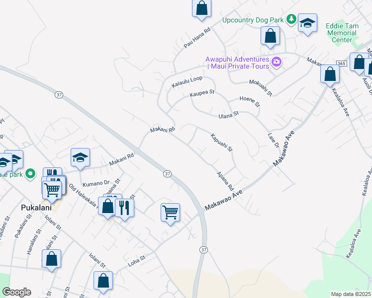 map of restaurants, bars, coffee shops, grocery stores, and more near Makani Road in Makawao
