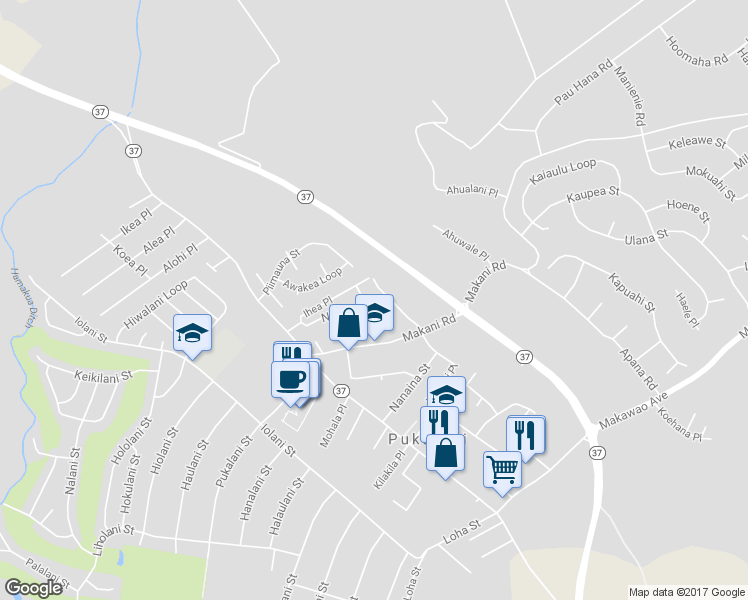 map of restaurants, bars, coffee shops, grocery stores, and more near 133 Noho Place in Makawao