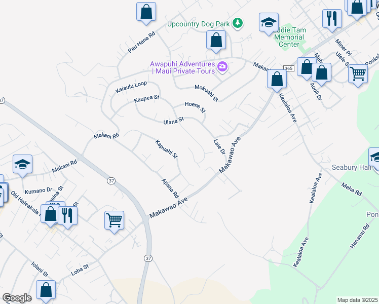 map of restaurants, bars, coffee shops, grocery stores, and more near 95 Haele Place in Makawao