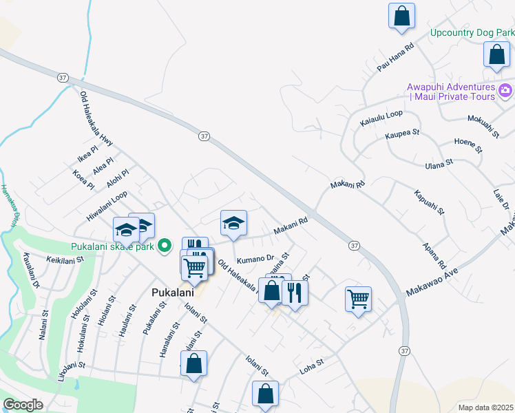 map of restaurants, bars, coffee shops, grocery stores, and more near 141 Noho Place in Makawao