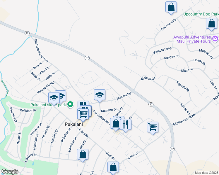 map of restaurants, bars, coffee shops, grocery stores, and more near 141 Noho Place in Makawao