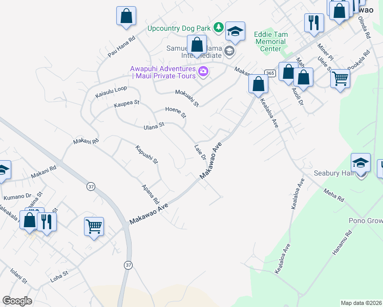 map of restaurants, bars, coffee shops, grocery stores, and more near 25 Puia Place in Makawao