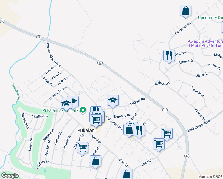 map of restaurants, bars, coffee shops, grocery stores, and more near 87 Ihea Place in Makawao