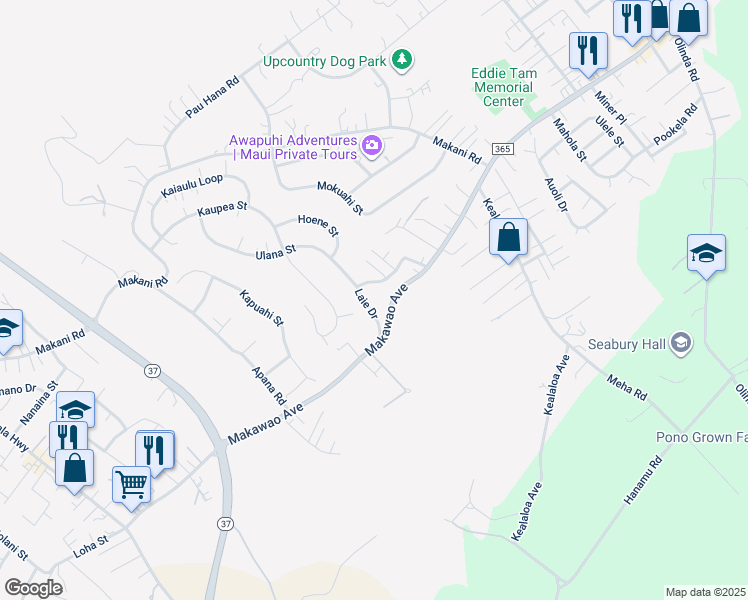 map of restaurants, bars, coffee shops, grocery stores, and more near 520 Laie Drive in Makawao