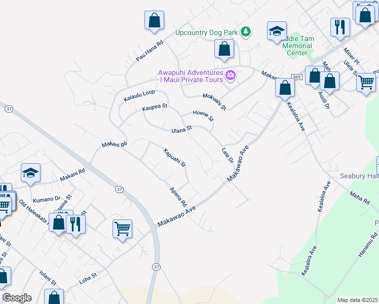 map of restaurants, bars, coffee shops, grocery stores, and more near 115 Haele Place in Makawao