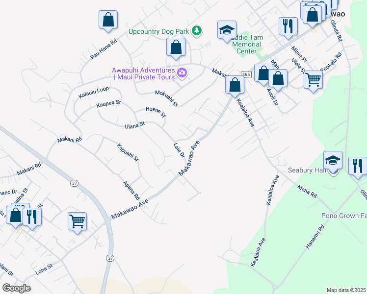 map of restaurants, bars, coffee shops, grocery stores, and more near 572 Laie Drive in Makawao