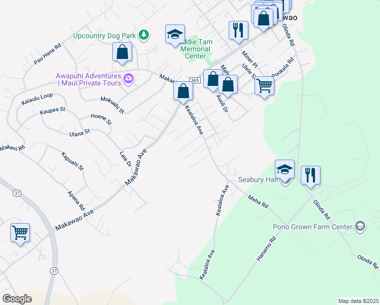 map of restaurants, bars, coffee shops, grocery stores, and more near 733 Pelenaka Place in Makawao