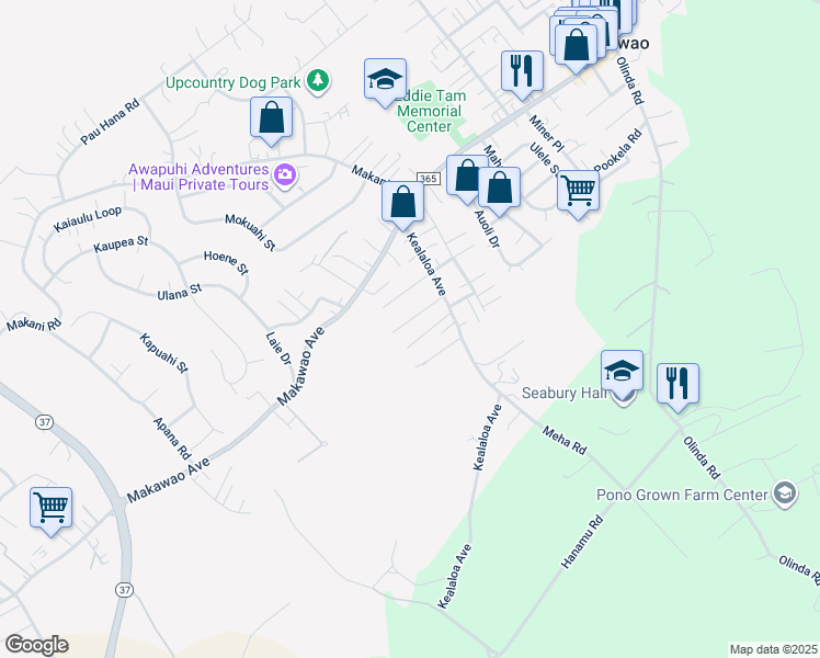 map of restaurants, bars, coffee shops, grocery stores, and more near 720 Kekona Place in Makawao