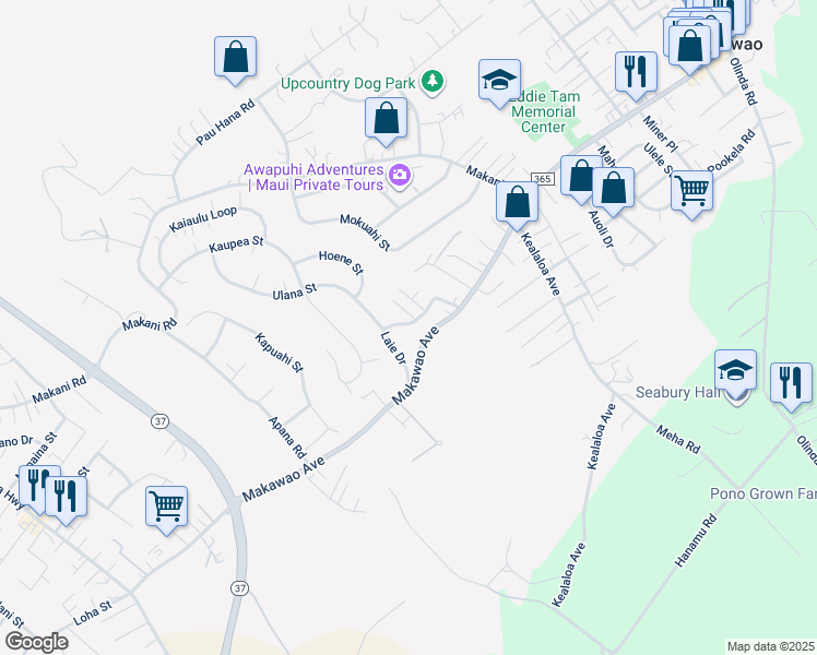 map of restaurants, bars, coffee shops, grocery stores, and more near 580 Laie Drive in Makawao
