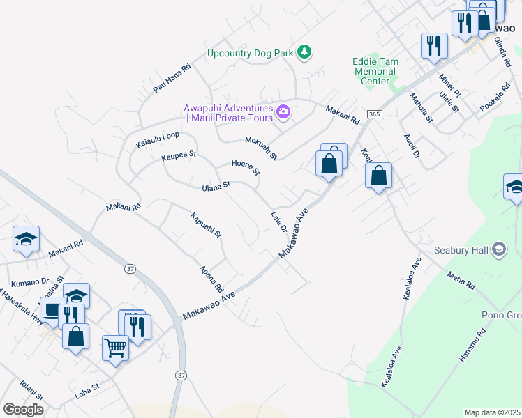 map of restaurants, bars, coffee shops, grocery stores, and more near 21 Ulana Street in Makawao