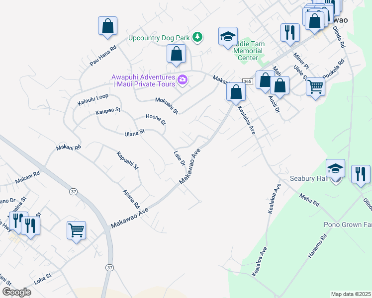map of restaurants, bars, coffee shops, grocery stores, and more near 580 Laie Drive in Makawao