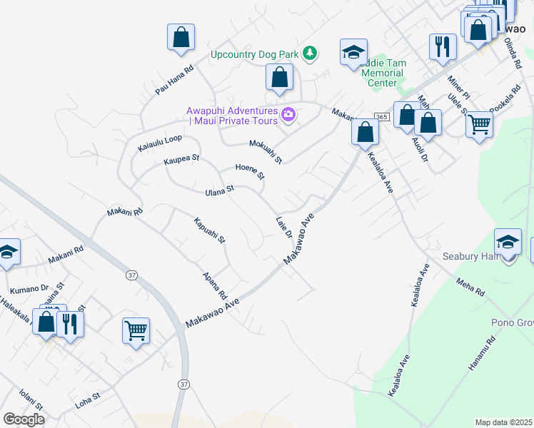 map of restaurants, bars, coffee shops, grocery stores, and more near 21 Ulana Street in Makawao