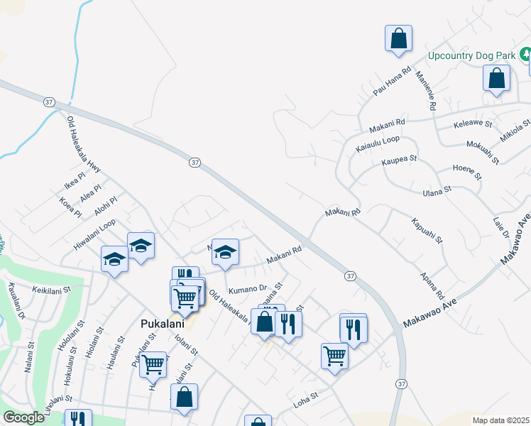 map of restaurants, bars, coffee shops, grocery stores, and more near Hawaii 37 in Makawao