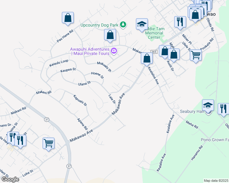 map of restaurants, bars, coffee shops, grocery stores, and more near 587 Laie Drive in Makawao