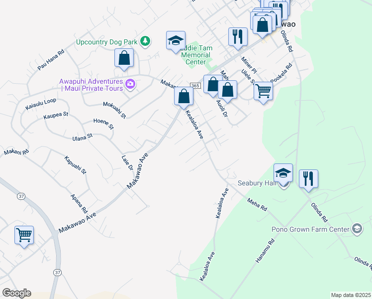 map of restaurants, bars, coffee shops, grocery stores, and more near 729 Kekona Place in Makawao