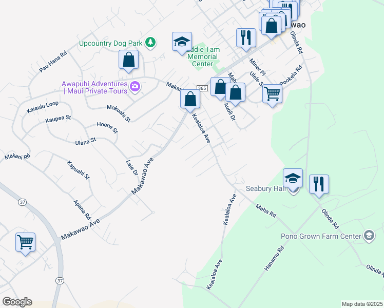 map of restaurants, bars, coffee shops, grocery stores, and more near 729 Kekona Place in Makawao