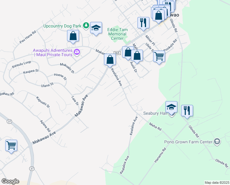 map of restaurants, bars, coffee shops, grocery stores, and more near 742 Kekona Place in Makawao