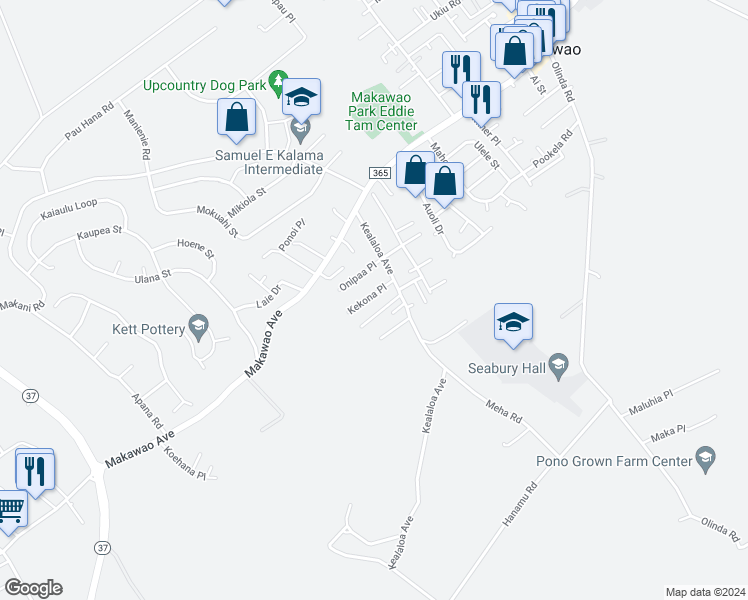map of restaurants, bars, coffee shops, grocery stores, and more near 742 Kekona Place in Makawao