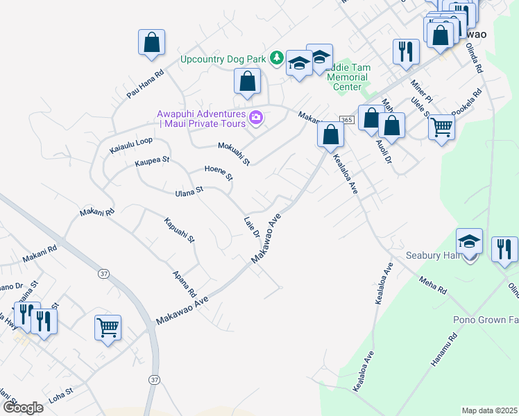 map of restaurants, bars, coffee shops, grocery stores, and more near 577 Laie Drive in Makawao