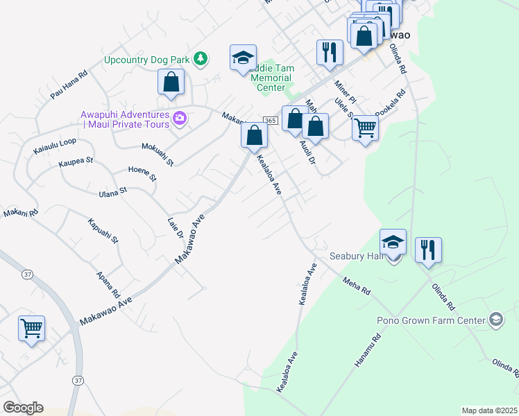 map of restaurants, bars, coffee shops, grocery stores, and more near 735 Kekona Place in Makawao