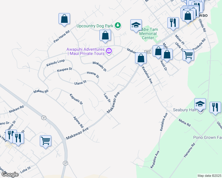 map of restaurants, bars, coffee shops, grocery stores, and more near 577 Laie Drive in Makawao