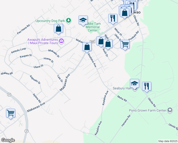 map of restaurants, bars, coffee shops, grocery stores, and more near 735 Kekona Place in Makawao