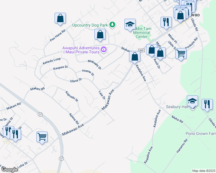 map of restaurants, bars, coffee shops, grocery stores, and more near 587 Laie Drive in Makawao