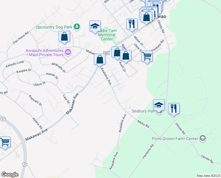 map of restaurants, bars, coffee shops, grocery stores, and more near 134 Kealaloa Avenue in Makawao