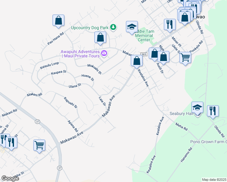 map of restaurants, bars, coffee shops, grocery stores, and more near 602 Laie Drive in Makawao